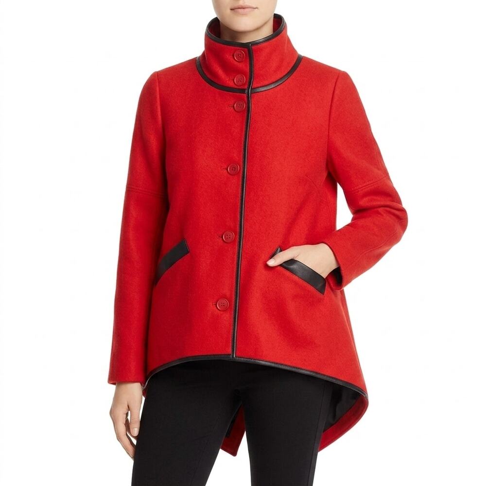 Derek Lam 10 Crosby Red Wool Black Leather Trim Short Tails Coat Peacoat size 4